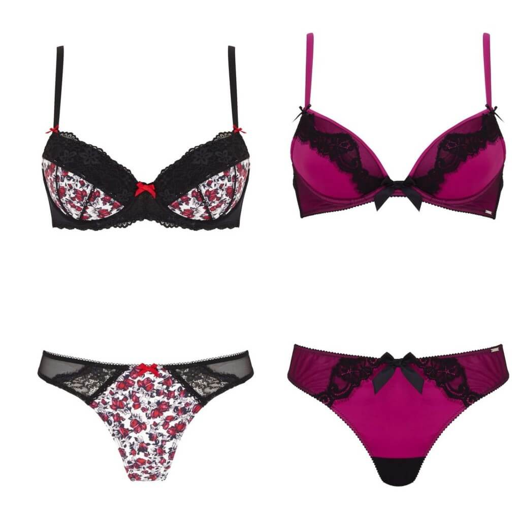 Floral bra, £25 and knickers, £12.50, Marks & Spencer. Cerise bra, £28 and thong, £12, Boux Avenue.