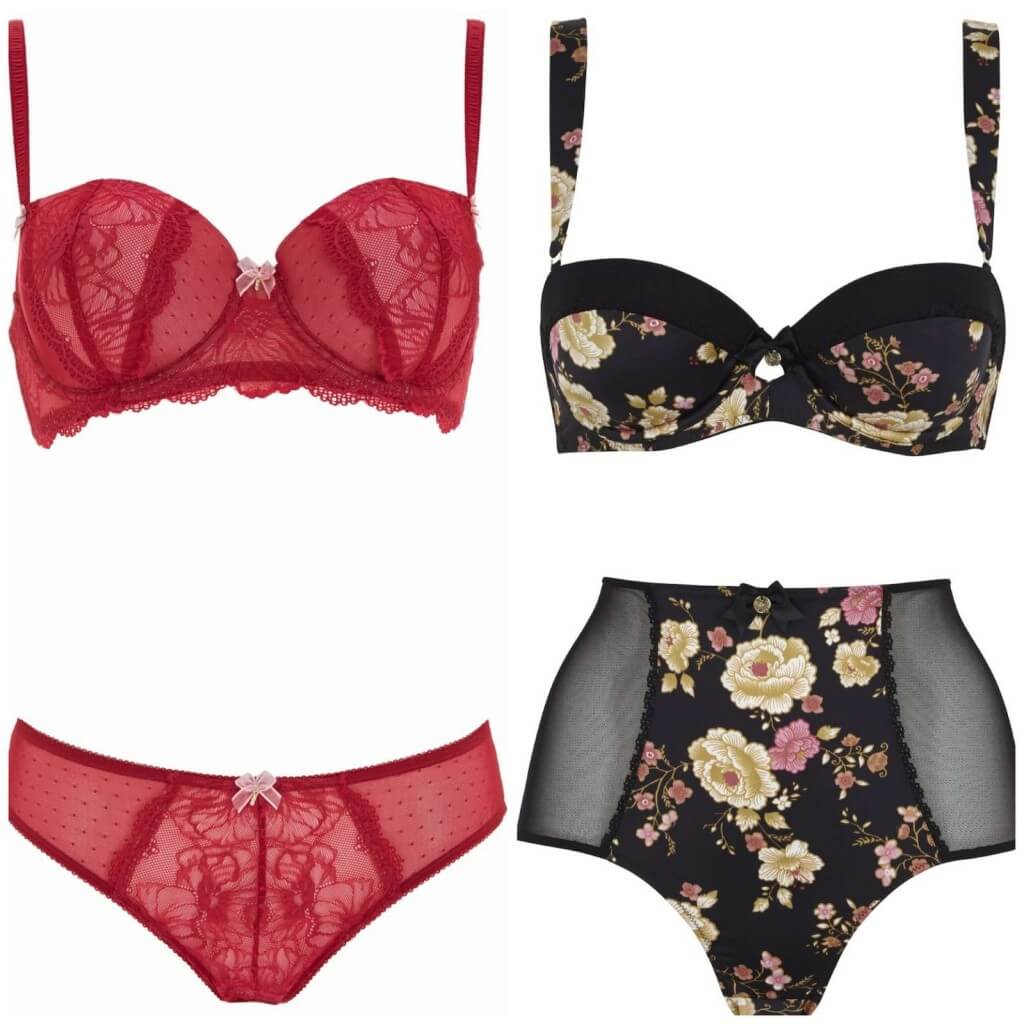 Red bra set, £16, Tu at Sainsburys. Floral bra, £28 and high waisted brief, £16, Boux Avenue.